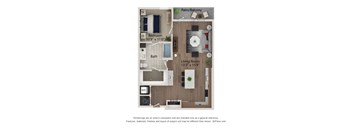 A 3D floor plan of a small apartment with a living room, bedroom, bathroom, and patio.