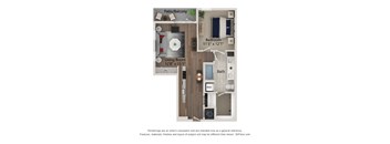 A 3D floor plan of a small apartment with a living room, bedroom, and bathroom.