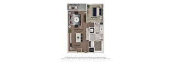 A floor plan of a small apartment with a living room, kitchen, bedroom, bathroom and a patio.