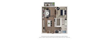 A floor plan of a small apartment with a living room, bedroom, and bathroom.