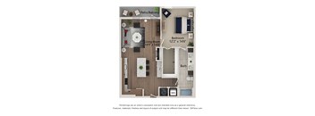 A floor plan of a living space with a living room, bedroom, bathroom, and a kitchenette.