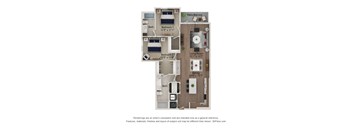 A 3D floor plan of a house with two bedrooms, a living room, a dining room, and a bathroom.