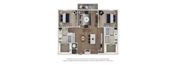 A floor plan of a two bedroom apartment with a living room, bathroom and kitchen.