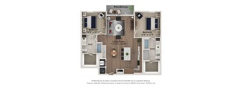A floor plan of a house with a living room, two bedrooms, and two bathrooms.