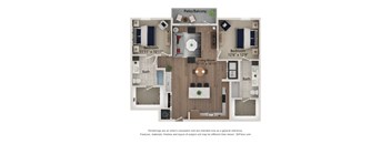 A floor plan of a house with a living room, two bedrooms, and two bathrooms.