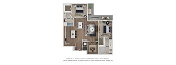 A floor plan of a house with a living room, two bedrooms, a bathroom, and a patio.