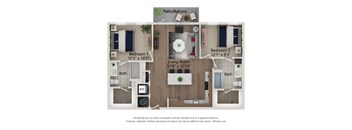 A 3D floor plan of a house with two bedrooms, a living room, a bathroom, and a patio/balcony.
