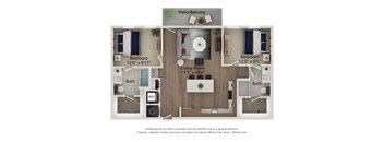 A floor plan of a home with a living room, two bedrooms, and two bathrooms.