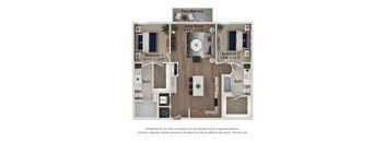 A floor plan of a two bedroom apartment with a living room, dining room, kitchen, and bathroom.