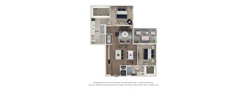 A 3D floor plan of a house with a bedroom, bathroom, dining area, and kitchen.
