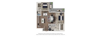A floor plan of a two bedroom apartment with a living room and a dining area.