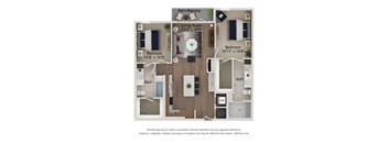 A 3D floor plan of a house with a living room, two bedrooms, a bathroom, and a patio/balcony.