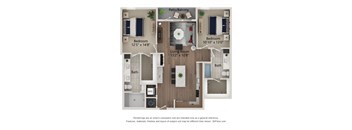 A floor plan of a two-bedroom apartment with a living room, bathroom, and kitchen.