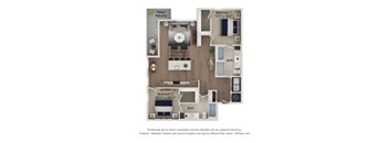 A 3D floor plan of a house with two bedrooms and a living room.