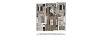 A 3D floor plan of a house with two bedrooms, a living room, a bathroom, and a kitchen.