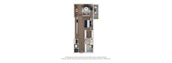 A floor plan of a small apartment with a living room, bedroom, and bathroom.