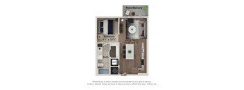 A 3D floor plan of a small apartment with a bedroom, living room, and bathroom.