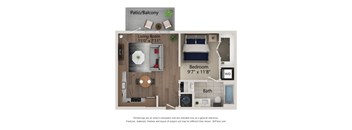 A 3D floor plan of a small apartment with a living room, bedroom, and bathroom.