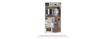 A 3D floor plan of a small apartment with a living room, bedroom, and bathroom.
