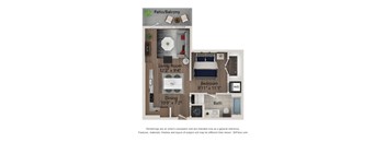 A floor plan of a small apartment with a living room, dining area, kitchen, and bathroom.