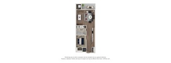 A floor plan of a small apartment with a living room, bathroom, and kitchen.