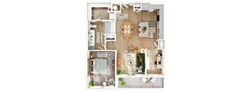 A floor plan of a small apartment with a bedroom, living room, kitchen, and study.