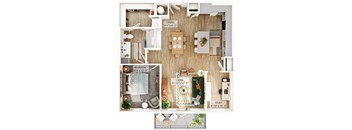 A floor plan of a small apartment with a living room, dining room, kitchen, bedroom, and study.