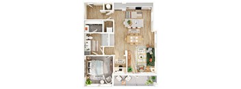 A floor plan of a small apartment with a bedroom, study, and dining area.