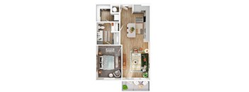 A floor plan of a small apartment with a bedroom and living room.