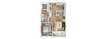 A floor plan of a small apartment with a living room, bedroom, and kitchen.