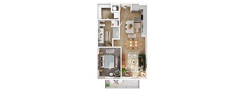 A floor plan of a small apartment with a bedroom, living room, and dining area.