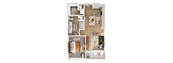 A floor plan of a small apartment with a living room, dining room, kitchen, and redroom.