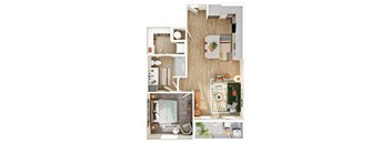 A floor plan of a small apartment with a bedroom, living room, and kitchen.