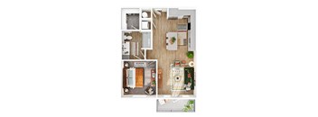 A floor plan of a small apartment with a bedroom and living room.