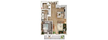 A floor plan of a bedroom with a bathroom and living room.