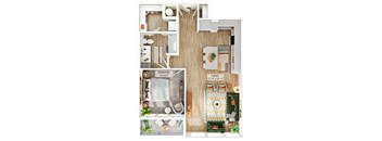A floor plan of a small apartment with a bedroom and living room.