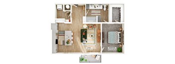 A floor plan of a small apartment with a living room, kitchen, and bedroom.