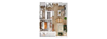 A floor plan of a small apartment with a bedroom and living/dining area.