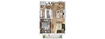 A floor plan of a small apartment with a living room, dining room, and bedroom.