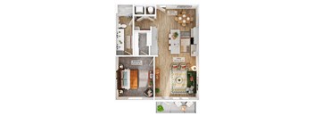 A floor plan of a small apartment with a bedroom, living room, and kitchen.