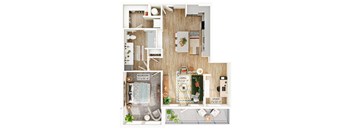 A floor plan of a small apartment with a bedroom, living room, and study.