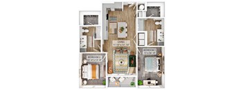 A floor plan of a house showing a living room, two bedrooms, a bathroom, and a kitchen.