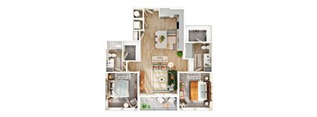 A floor plan of a living space with three bedrooms.