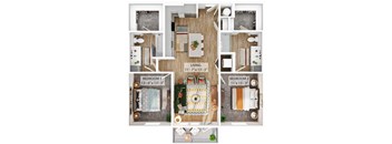 A living room with two bedrooms and a kitchen is shown in the image.