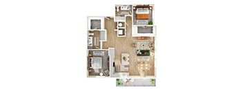 A floor plan of a small apartment with two bedrooms and a living/dining area.