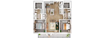 A floor plan of a two bedroom apartment with a living room in the middle.