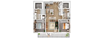A floor plan of a living space with two bedrooms and a living room.
