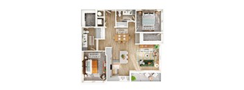 A floor plan of a small apartment with two bedrooms, a living room, a dining room, and a kitchen.