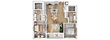 A floor plan of a house with a living room, two bedrooms, a dining room, and a kitchen.