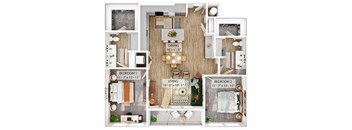 A floor plan of a small apartment with a living room, dining room, and two bedrooms.